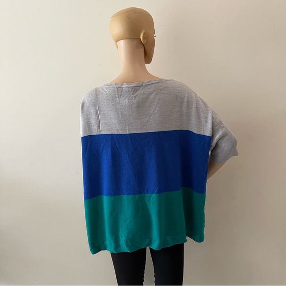 Blue and Grey Colorblock Short Sleeve Scoop Neck Knit Sweater - Picture 5 of 10
